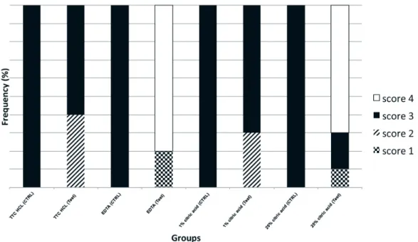 Figure  2,  which  presents  results  of  specimens  obtained from teeth exposed to oral environment, shows  a poor capacity of 50 mg/mL tetracycline hydrochloride  and 1% citric acid to remove smear layer (low frequency  of score 2)