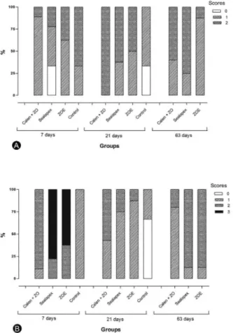 Figure 5. Score distribution in the groups regarding collagen fiber  formation  (A)  and  inflammatory  infiltrate  (B)  in  the  different  groups