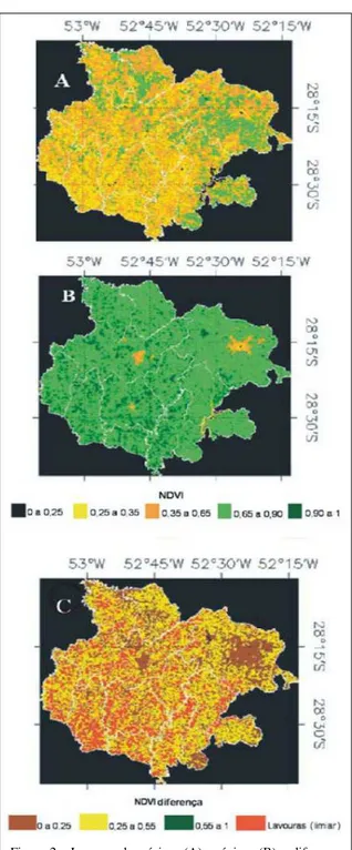 Figura 2 - Imagens de mínimo (A), máximo (B) e diferença (C) de NDVI para o ano de 2003 na região de abrangência da Cotrijal.