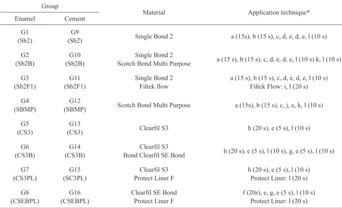 Table 2. Groups, materials and application technique.
