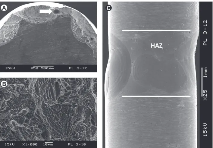 Figure 2. SEM micrographs of the welded surface. A: Fractured surface (×50 magnification) shows bubbles forming failures along the  welded area