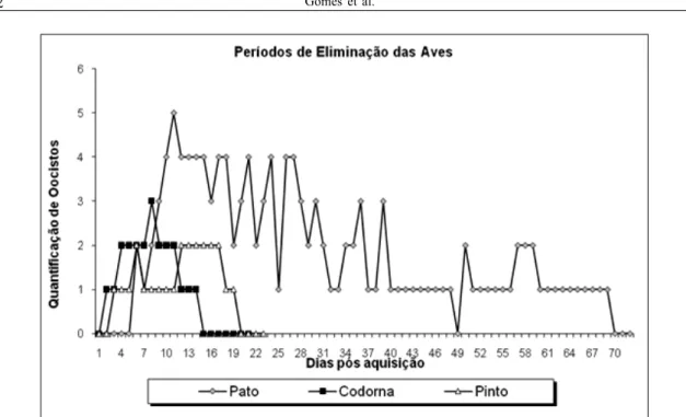 Figura 1 - Infecção natural de Cryptosporidium sp. com o período de eliminação de oocistos de patos, pintos e codornas provenientes da mercados municipais.