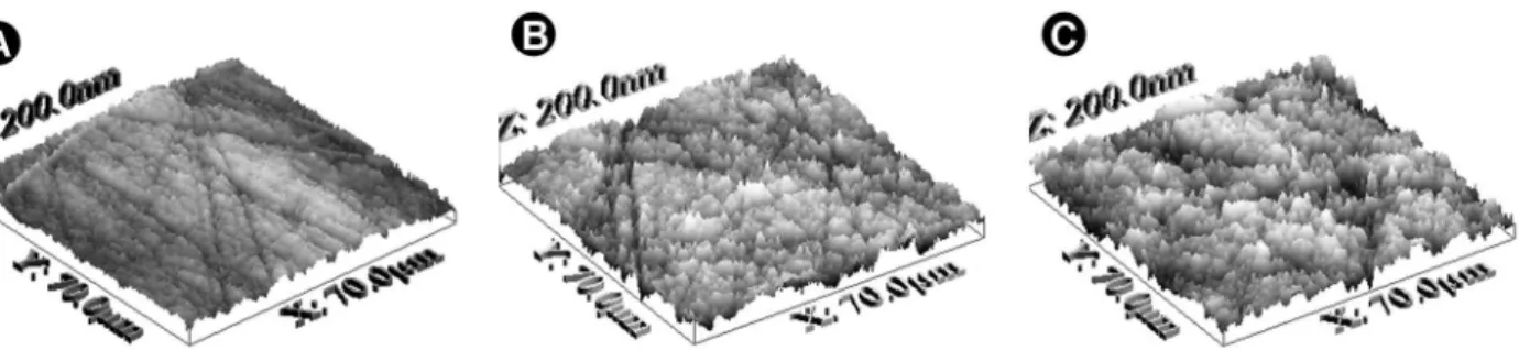 Figure 3. AFM 3D images (Witec, WSxMV 3.1 software). A: Non-bleached enamel (control) - smooth, polished surface