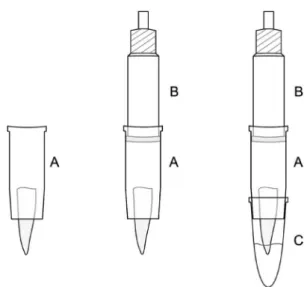 Figure 1. Sequence of assembled double-chamber dispositive. A: Maxillary  chamber. B: Syringe connector
