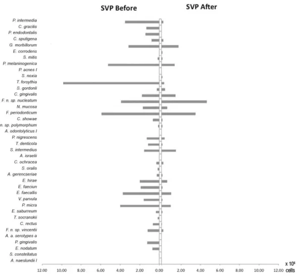 Figure 2. Approximated average (x10 5  cells) of each bacterial species detected in the moment before treatment for the single-visit protocol (SVP)