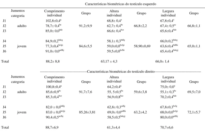 Tabela 2 - Médias e desvio padrão (mm) das biometrias do testículo direito e esquerdo (comprimento, altura e largura) de seis reprodutores asininos adultos e jovens da raça Pêga.