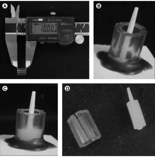 Figure 2. Composite resin core group preparation. A: Cutting plastic cylindrical matrix with 10 mm
