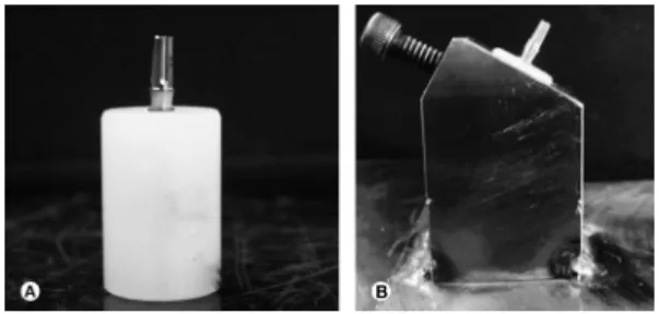 Figure 1. A: Implant placed at polyamide cylinder. B: Sample positioned  on a 30° angle platform to be submitted to mechanical test.