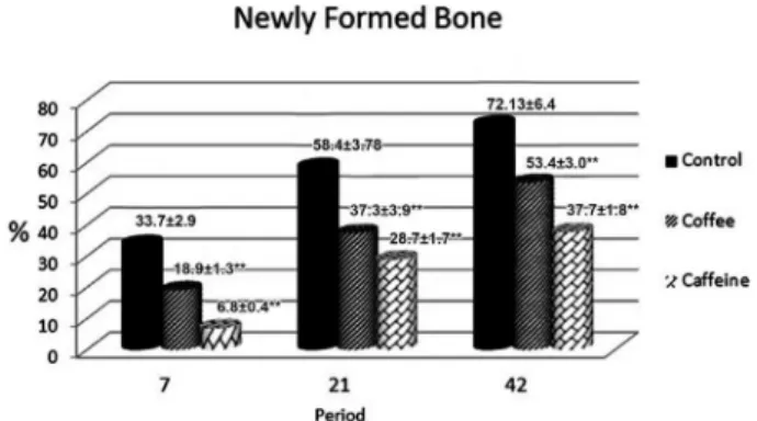 Figure 2. Volume Fraction (%) of newly formed bone inside the dental  socket after dental extraction in animals of control, daily coffee intake  and intraperitoneal caffeine administration groups on days 7, 21 and  42 after surgical procedures