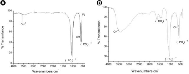 Figure 3. Infrared spectra of the nHa (A) and nZnHA(B). The spectra contain bands corresponding to the (PO4)-3 functional group in a wavelength  range of 1089.781 cm-1 to 960.55 cm-1