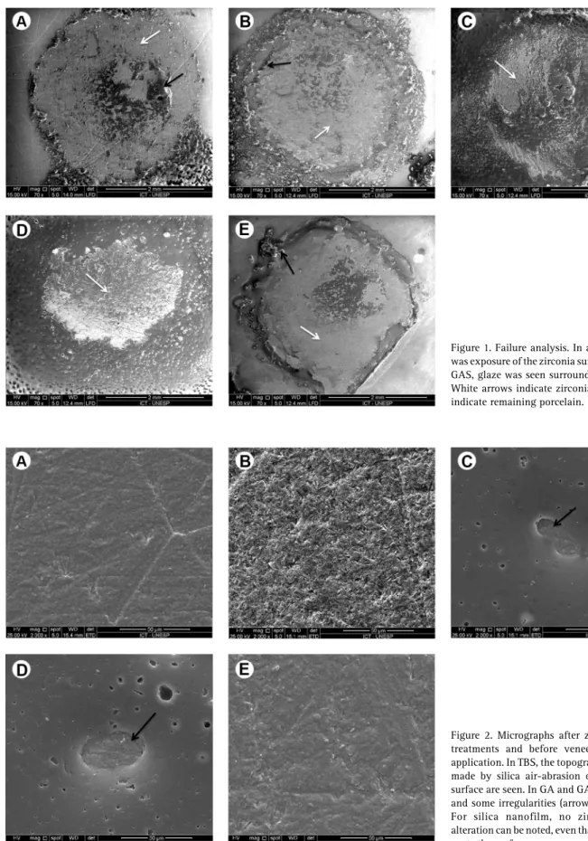 Figure 1. Failure analysis. In all groups there  was exposure of the zirconia surface