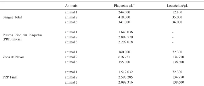 Tabela 1 - Contagem plaquetária e de leucócitos em 1µL nas diversas etapas do protocolo laboratorial, no sangue dos três cães do experimento.