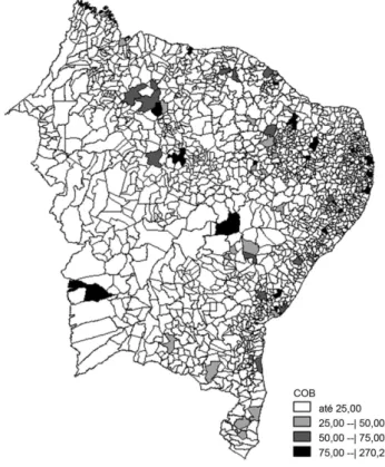 Figure 1. Spatial distribution of Neonatal Hearing Screening coverage  in the Northeast of Brazil, in the year 2015 