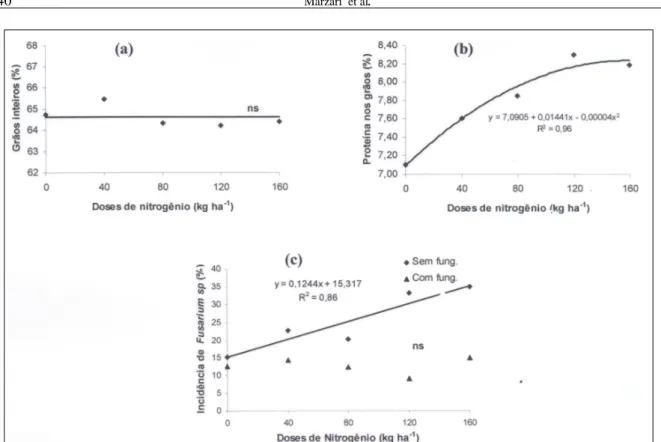Figura 2 - Grãos inteiros, proteína nos grãos e incidência de  Fusarium sp. em função de doses de nitrogênio e aplicação de fungicida em arroz irrigado, UFSM, Santa Maria, RS, 2003/2004.