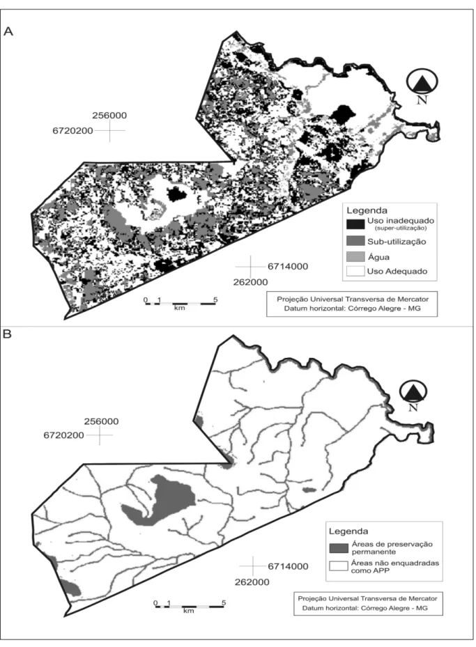 Figura 3 - Mapa de conflitos de uso das terras (A) e mapa de áreas de preservação permanente (B) do município de São João do Polêsine.