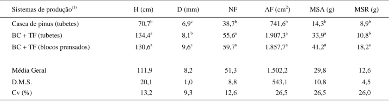 Tabela 2 - Valores médios para altura (H), diâmetro do caule (D), número de folhas (NF), área foliar (AF), massa seca da parte aérea (MSA) e massa seca do sistema radicular (MSR), de mudas de limoeiro ‘Cravo’ no ponto de enxertia (227 dias após semeadura),