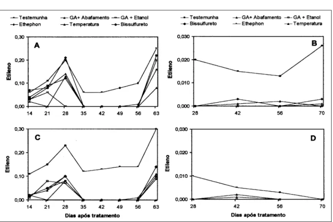 Figura 2 - Evolução do etileno em função de diferentes tratamentos para a quebra de dormência de minitubérculos de Macaca (A e B) e SMIJ461-1 (C e D) durante a safra (A e C) e safrinha (B e D)