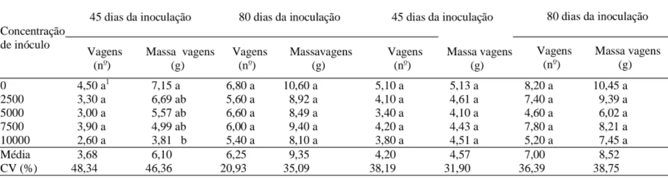 Tabela 4 - Número e massa de vagens de plantas de feijoeiro das cultivares Pérola e Iapar 81 frente a diferentes concentrações iniciais de inóculo de Meloidogyne javanica, aos 45 e 80 dias da inoculação das plantas, cultivadas no período de inverno, em con