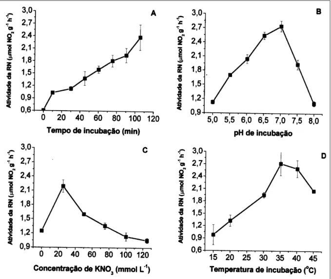 Figura 1- Atividade da enzima redutase de nitrato (RN) em folhas de pupunheira de nove meses de idade em função do tempo de incubação (A), pH (B), concentração de KNO 3  (C) e temperatura do meio da reação (D).