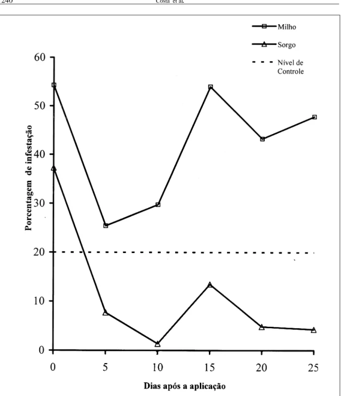 Figura 1- Porcentagem de infestação de Spodoptera frugiperda nas culturas do milho e sorgo após a primeira aplicação