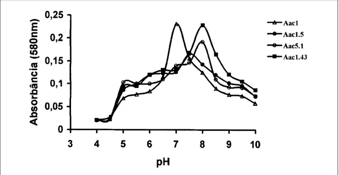 Figura 2 - Crescimento de estirpes de Acidovorax avenae  subsp.  citrulli em diferentes níveis de pH.