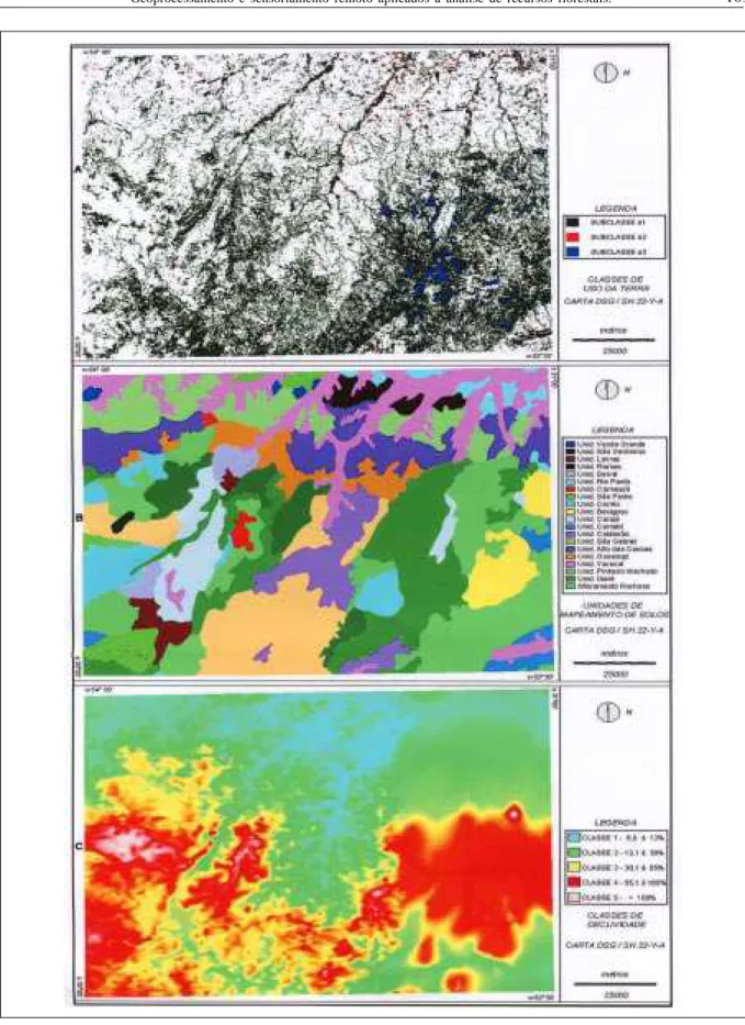 Figura 1 - Planos de informação, sendo: A-classes de usos da terra de cobertura florestal, B-  unidades de mapeamento de solos e C- C-classes de declividade.