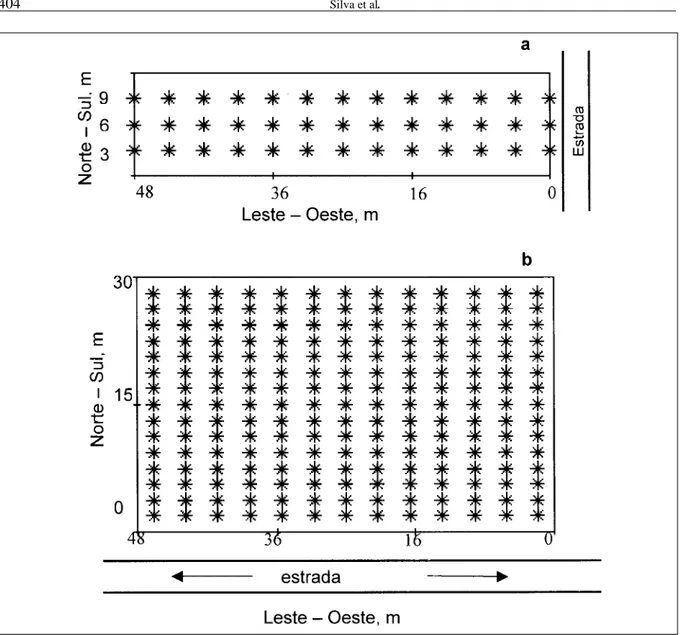 Figura 1 - Croqui dos pontos amostrados das áreas no Argissolo Vermelho-Amarelo em Santa Maria (a), no Latossolo Vermelho distrófico em Cruz Alta, RS e no Latossolo Vermelho distroférrico típico, em Coronel Barros (b)