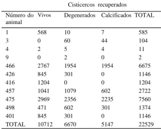Tabela 1- Número de cisticercos vivos, degenerados e calcificados recuperados de bovinos 90 dias  pós-infecção experimental com 20.000 ovos de Taenia