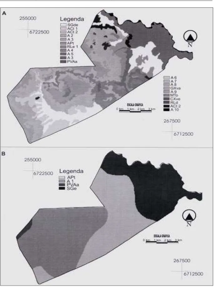 Figura 1 - Mapa de solos do município de SJP, publicado na escala 1:20.000 (A) e ampliado do mapa de reconhecimento na escala 1:750.000 (B).