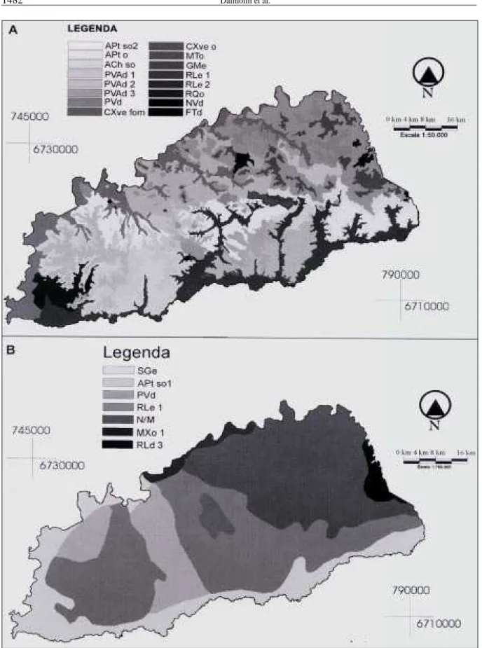 Figura 2 - Mapa de solos do município de SPS, publicado na escala 1:50.000 (A) e ampliado do mapa de reconhecimento na escala 1:750.000 (B).