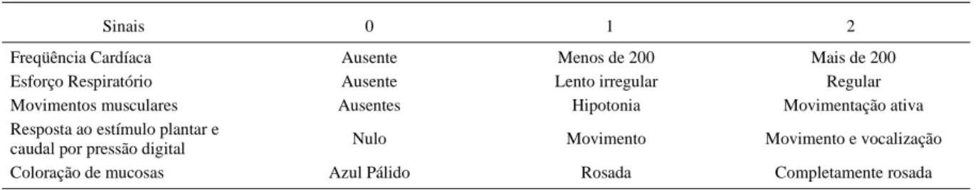 Tabela 1 – Escore de Apgar modificado.