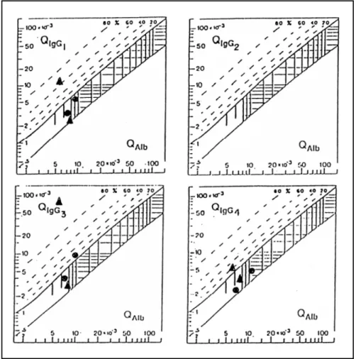 Fig 1. IgG subclass reibergrams. The upper hyperbolic curves (thick lines) represent the discrimination lines between brain-derived and blood-derived IgG subclass fractions