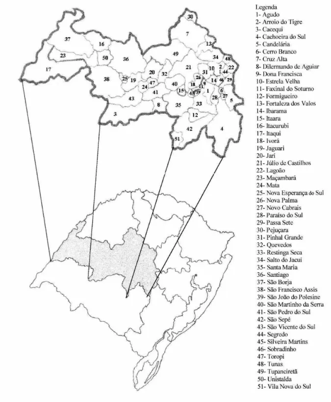Figura 1 - Mapa do Estado do Rio Grande do Sul, destacando-se os municípios da região da Depressão Central.