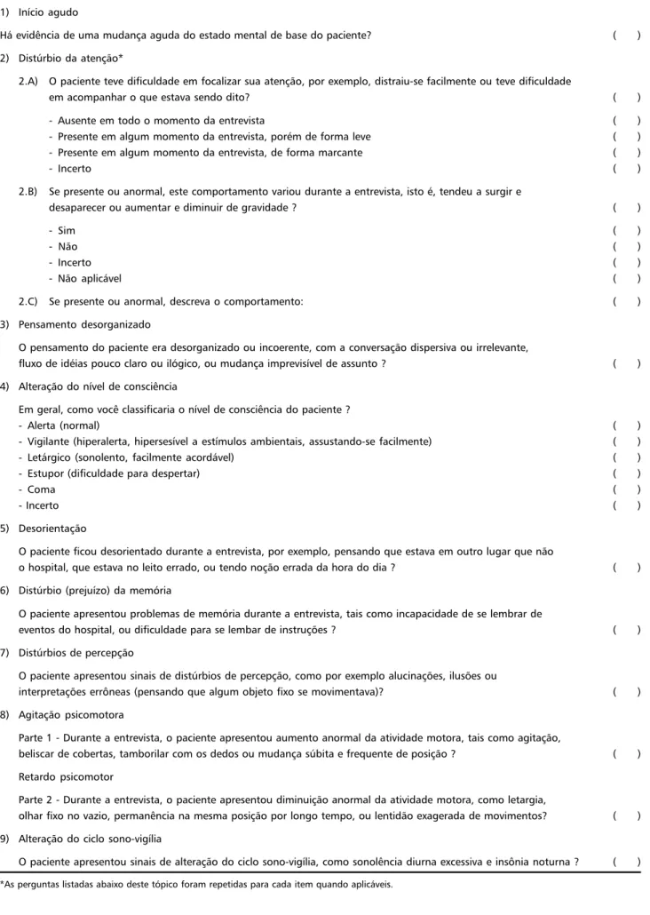 Table 1. Portuguese version of the confusion assessment method - CAM (Inouye et al. 19 ,1990).