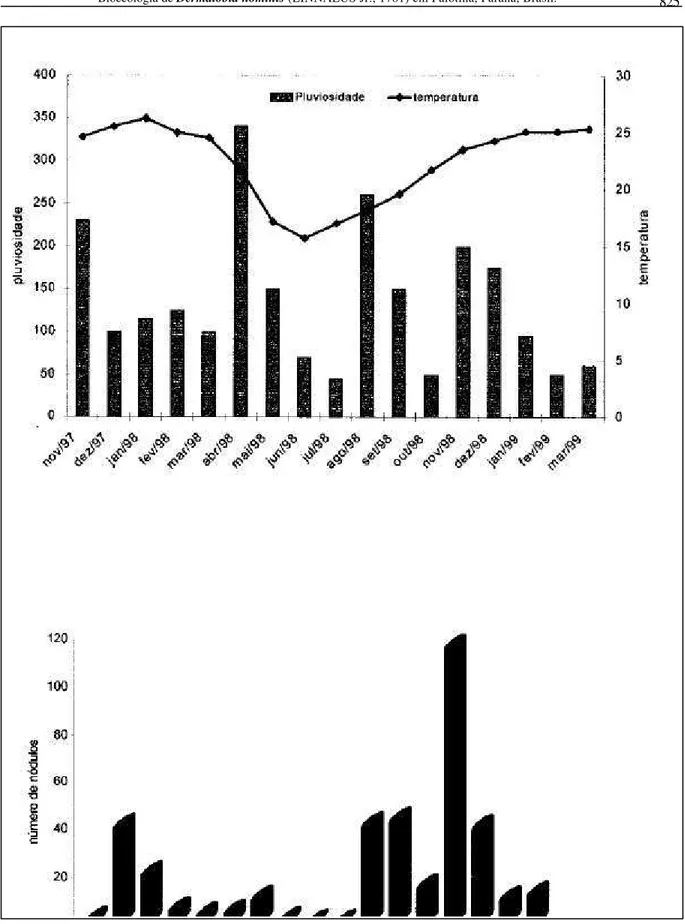 Figura 1 – Número de nódulos formados por larvas de Dermatobia hominis em bovinos holandês preto e branco na região oeste do Paraná,  no período de novembro de 1997 a março de 1999 e correlação com dados climáticos