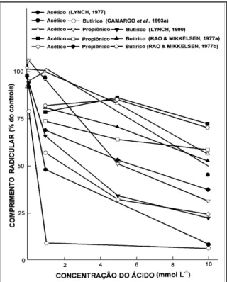 Figura 1 – Efeito de ácidos orgânicos voláteis sobre a expansão radicular de plântulas cultivadas em solução nutritiva.