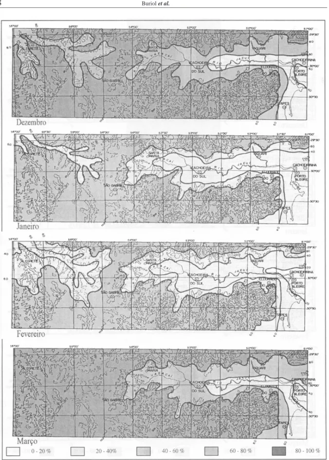 Figura 6 - Probabilidade de ocorrência de um ou mais dias com temperatura mínima do ar igual ou inferior a 13°C nos meses de dezembro, janeiro, fevereiro e março na Região Climática da Depressão Central, Estado do Rio Grande do Sul.