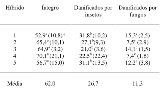 Tabela 1 - Classificação macroscópica de cinco híbridos de milho recém-colhidos. Porcentagem média de três repetições