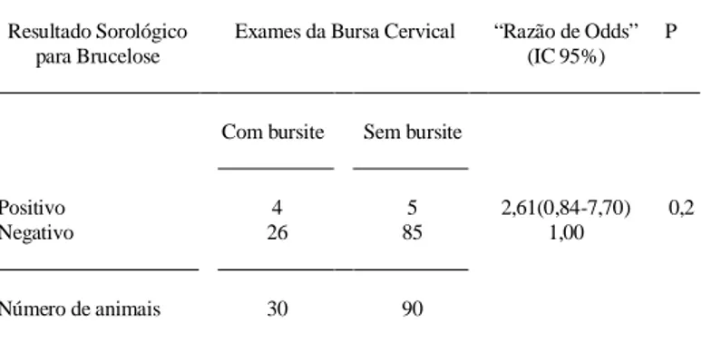 Tabela 2 – “Razão de Odds” de bursite cervical em bovinos segundo a condição sorológica para brucelose