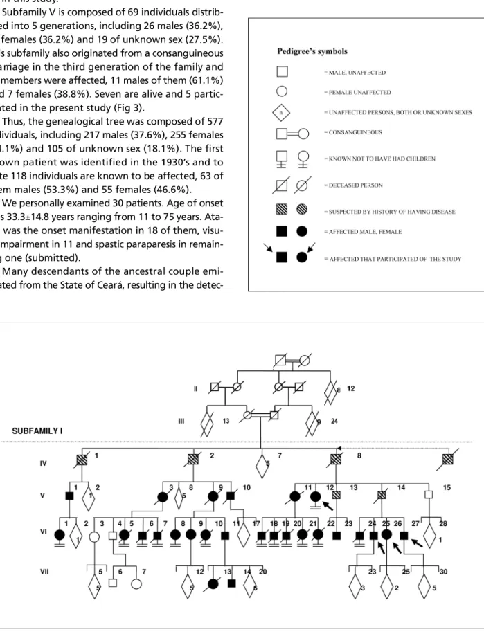 Fig 1. Pedigree of subfamily I with 81 persons in 4 generations and 26 affected.