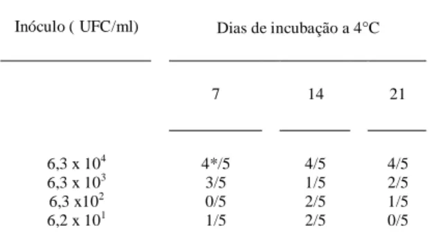 Tabela 1 - Isolamento de Y. enterocolitica nos cinco ensaios de recuperação em amostras de lingüiça contaminadas artificialmente e submetidas a enriquecimento a 4 ° C por até 21 dias.