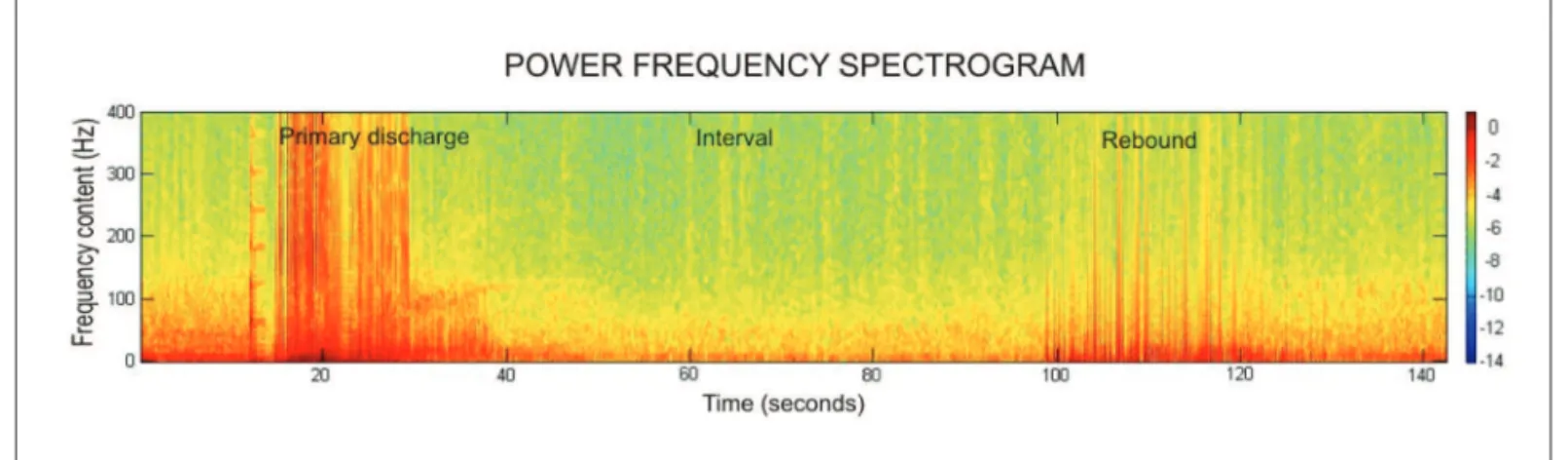 Fig 1. AD power frequency spectrogram. Representative power frequency spectrogram processed from the LFP signal recorded from a kindling  session