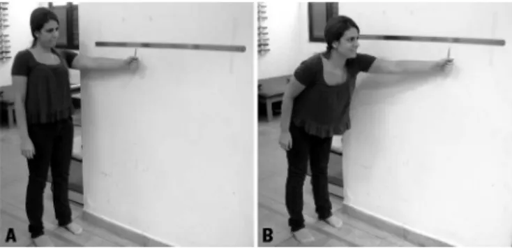 Fig 2.  Functional Reach Test . Gauging, in centimeters , the scope  forward reaching as far as possible without losing the balance.