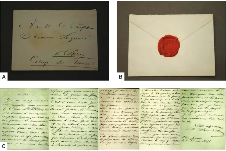 Fig 2. Example of the correspondence sent by Dom Pedro II to Professor Brown-Séquard. (A) Shows the front of the envelope of  one of the letters addressed to Professor Brown-Séquard, at the Collège de France, in Paris