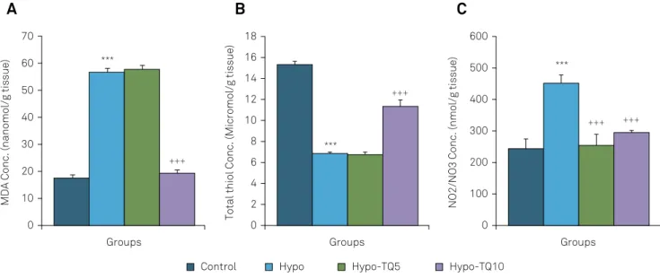 Figure 4. Comparison of the MDA concentration (A), the total thiol content (B) and the level of nitric oxide metabolites (C) in  hippocampal tissue of the four groups