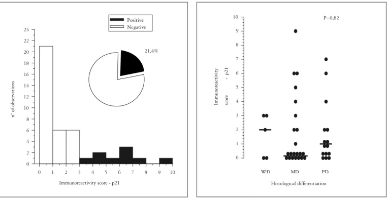 FIGURE 5  – Frequency distribution of p21 and number of observations  with positive expression (score ≥3) in patients with of  esophageal adenocarcinoma identifi ed between 1998 and  2002 at HCPA, n = 42 (95% CI: 11 to 35.7) Immunoreactivity score - p21012