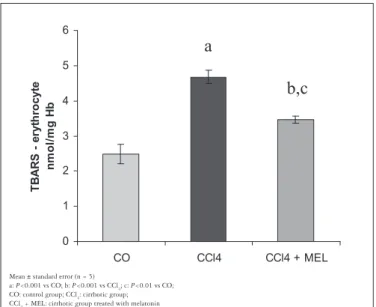 FIGURE 2.  Effect of CCl 4  inhalation and melatonin administration on  erythrocyte lipoperoxidation analyzed by the TBARS method 