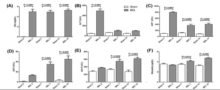 FIGURE 2.  Biochemical serum parameters of liver injury. (A) Direct bilirubin (mg/dL); (B) Alanine Transaminase (U/L); (C) Aspartate Transaminase  (U/L); (D) Gamma Glutamyl Transpeptidase (U/L); (E) Alkaline Phosphatase (U/L); (F) Globulins (g/dL)