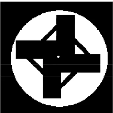 Figure 1 - The rubber square illusion. When the center pattern is rotated back and forth over the white background, the occluded square frame appears rubbery — it seems to shrink and expand during the rotation