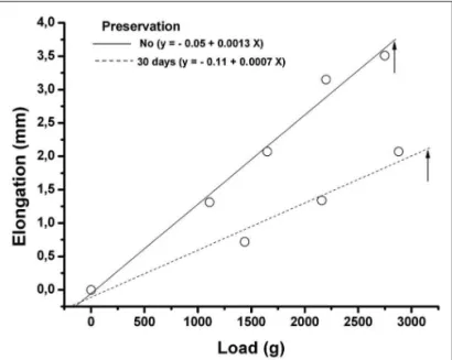 Figure 2 - Linear relation between load and elongation of preserved (30 days) and non-preserved sclerae